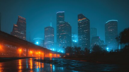 Photrealistic Photograph of the Houston skyline in a cyberpunk aesthetic at nighttime, small orange and blue accents
