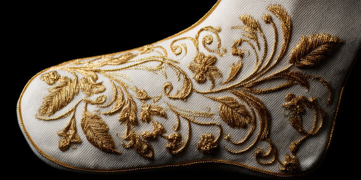 Elegant christmas sock gold thread embroidery, white fabric, festive luxury detail - Powered by Adobe
