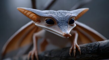 Obraz premium Detailed close-up shot of a small, orange and gray lizard-like reptile perching on a wooden branch, with its large expressive eyes and intricate textured skin visible.