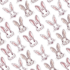 Fototapeta premium A seamless pattern made of three rabbits, each with a different face, all in shades of brown on square orientation.