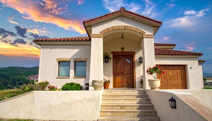 Beautiful Mediterranean Style House with Sunset Sky.