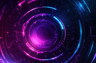 Fototapeta premium A dynamic and glowing hyperspace tunnel with neon blue and purple digital lights and intricate circular patterns, creating a futuristic and energetic effect.