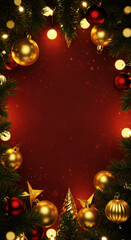 Vertical dark red background with a Christmas border of pine, gold ornaments, and warm bokeh lights