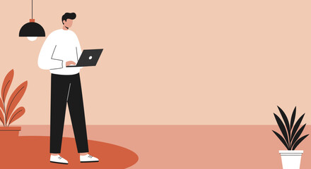 Man works on laptop in a modern minimalist space Remote work online business digital lifestyle