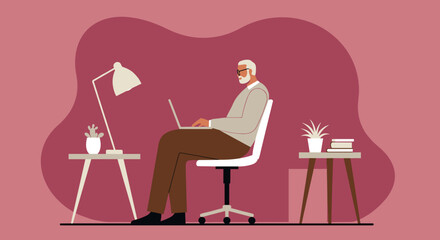 Senior man working remotely on laptop at home Business technology and lifestyle concept