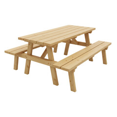 Classic wooden picnic table structure against a clean void, showcasing craftsmanship and rustic
