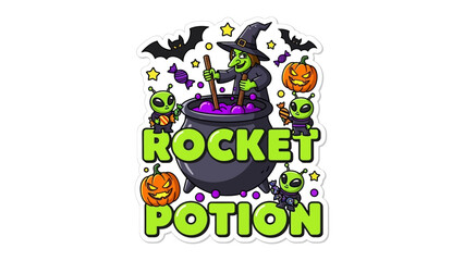 Rocket Potion's Brewing: An illustration of a whimsical Halloween scene, featuring a witch stirring a cauldron labeled Rocket Potion with playful aliens and festive pumpkins.