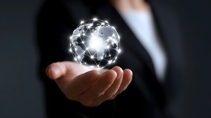A hand holding a glowing, interconnected digital network sphere, representing innovation, technology, and the future of data and communication.