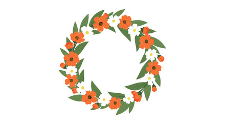 Naklejka premium A decorative floral wreath with vibrant orange and white blossoms framed by lush green leaves creating a beautiful circular design.