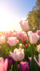 Pink and purple tulips in sunlight with green background