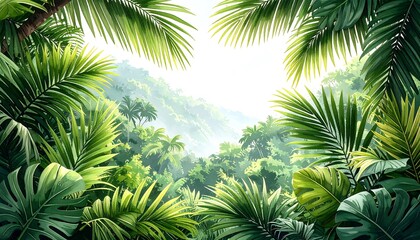 Lush tropical foliage framing a misty valley