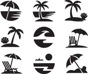Black Silhouettes Set Beach Summer Resort Vacation Holiday Relaxation Journey