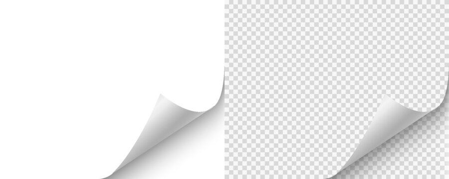 Blank page with curled edge corner and shadow, rolled up stickers, peel banners, bent sheet, page curl with shadow on blank sheet, curled page corner isolated on transparent and white background