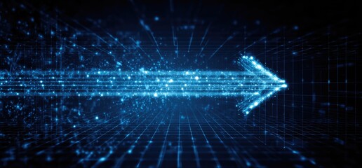 A digital rendering showcasing a blue arrow comprised of glowing particles, over a network grid