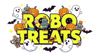 Robo Treats: A playful and festive illustration featuring the text ROBO TREATS surrounded by whimsical Halloween elements like pumpkins, ghosts, robots, and bats.