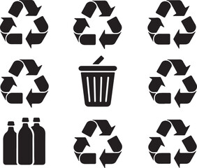 Recycle Icons Set Trash Bins Bottles Arrows Isolated on Transparency