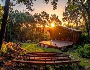 Anfiteatro al aire libre en un bosque al atardecer, escenario de madera rústica
