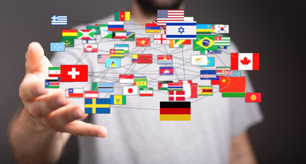 Image depicting a global network with multiple flags, representing global connections, international relations, and unity. It is a powerful visu