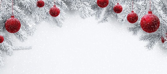 A festive holiday image showing snow-covered evergreen branches and red ornaments against a white background