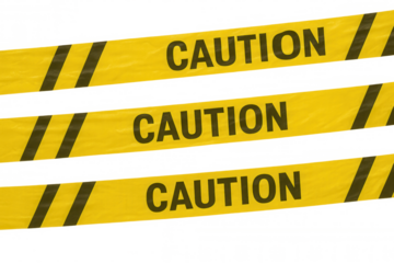 Caution warning tape creating a barrier, signifying danger, security, and restricted access on transparent background