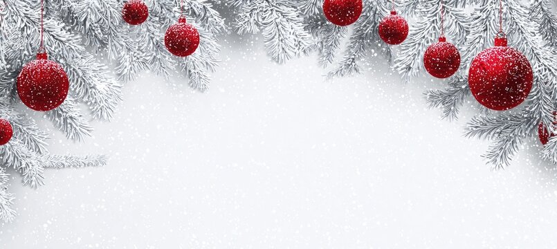 A festive holiday image showing snow-covered evergreen branches and red ornaments against a white background