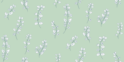Seamless botanical vector pattern with hand drawn wildflowers and leaves in black and white on a soft green background. Elegant and minimalistic floral design  for textiles, wallpaper, and stationery