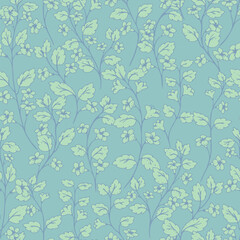 Seamless vector pattern with light mint flowers and leaves on a blue background. Elegant botanical design for textiles, wallpapers, wrapping, and fresh spring decor