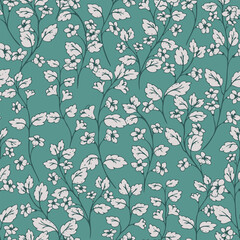 Seamless vector pattern with delicate white flowers and leaves on a teal background. Elegant botanical design for textiles, wallpapers, wrapping, and spring decor