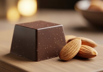 A single dark chocolate square with a dusting of cocoa powder sits next to three almonds on a wooden surface, creating a delicious and tempting treat