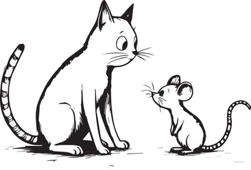 Obraz premium Black and white illustration of cat and mouse facing each other in peaceful, expressive, and whimsical style