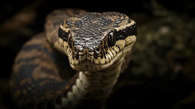 The snake occupies the center of the image, focusing on its head. Detailed scales on the head with a pattern in dark and light colors are visible.
The background is dark and blurry, which helps focus 