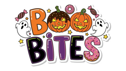 Spooky Boo Bites: Spooky and colorful cartoon featuring the text Boo Bites, accompanied by Halloween-themed elements. Embrace the spooky and fun vibe of Halloween.