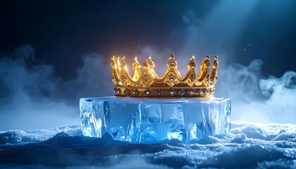 Golden Crown on Ice Block with Cold Mist