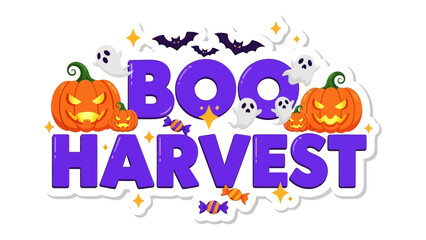 Spooky Harvest Celebration: An enchanting illustration celebrating the harvest season, filled with whimsical elements like smiling pumpkins, playful ghosts, and fluttering bats.