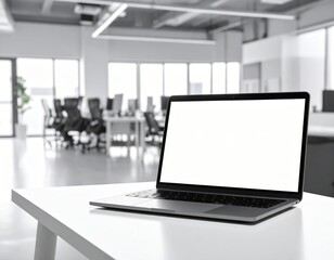 Fototapeta premium Laptop Computer Displayed On White Office Table With Blurred Background