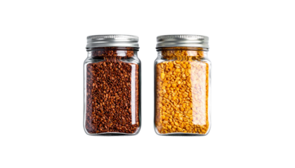 Brown cereal grains in clear jar, isolated on transparent background