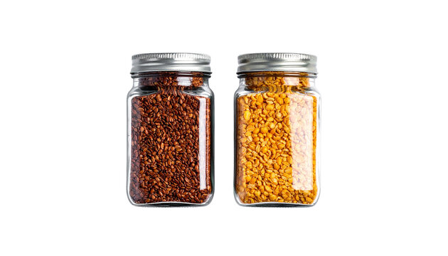 Brown cereal grains in clear jar, isolated on transparent background