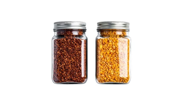 Brown cereal grains in clear jar, isolated on transparent background