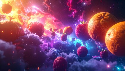 Vibrant surreal artwork of fruits floating through colorful cosmic clouds and galaxies, blending fantasy, nature, and space in a vivid dreamlike composition.