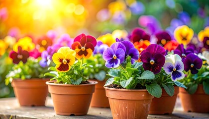 Beautiful Pansies in Pots Bathed in Golden Sunlight.