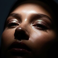 Beauty Macro Shot of Female Face with Shimmering Eyeshadow and Glossy Lips Under Studio Light