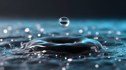 A single water drop creating a mesmerizing splash and mirror-like reflection on a calm, wet surface.