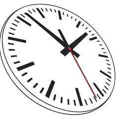 Close up of a simple analog clock face with black hour and minute hands and a red second hand against a white background