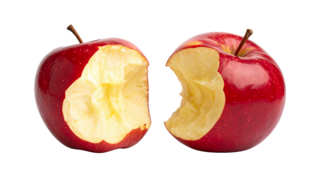 Bitten red apple showing core and stem, isolated on transparent background - Powered by Adobe