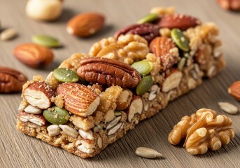 Closeup of a healthy energy bar packed with nuts, seeds, and dried fruit on a wooden surface