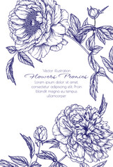Vector illustration of a sprig of peonies. Wedding invitation template with autumn flowers. Blooming frame	