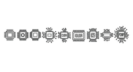 Collection of modern computer microchip and processor icons for technology concepts vector