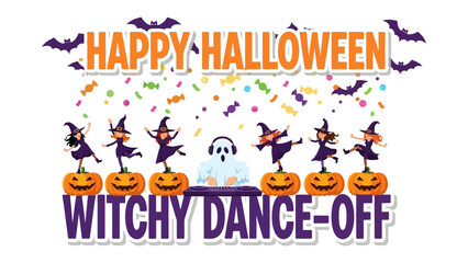 Halloween Witchy Dance-off: A spooky scene unfolds as witches and a ghost revel in the festive spirit of Halloween, creating a witchy dance-off filled with playful energy and vibrant imagery. 