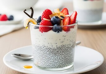 Healthy chia seed pudding layered with yogurt and fresh berries, topped with strawberries, blueberries, raspberries, and coconut flakes, served in a glass