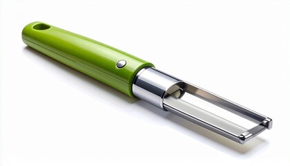 A realistic handheld vegetable peeler with sharp blade, rubber handle, and metal shaft isolated on white background

